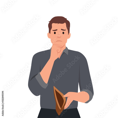 Distressed man with empty wallet suffer from bankruptcy. Unhappy frustrated male have cash flowing from purse. Finance problems. He is getting idea from book. Flat vector illustration 
