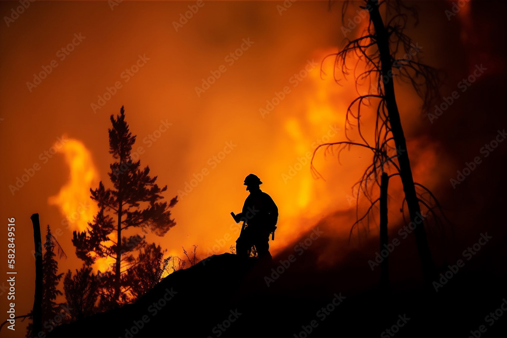 Volunteer firefighters battle a wildfire that burned a forest, trees and smoke.. The impact of global warming in world on changing seasons and climate, and the urgent need for action. generative ai