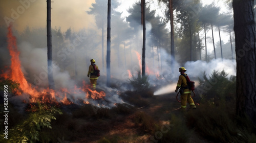 Firefighters battle a wildfire that burned a forest, charred trees and smoke.. The impact of global warming in world on changing seasons and climate, and the urgent need for action. generative ai