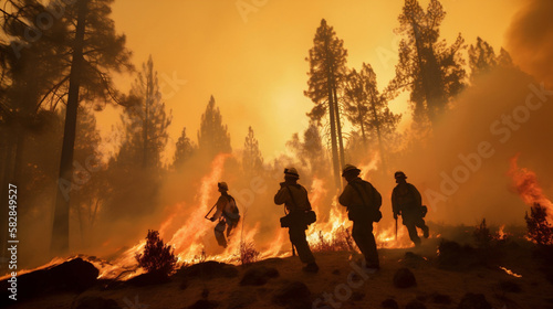 Firefighters battle a wildfire that burned a forest  charred trees and smoke.. The impact of global warming in world on changing seasons and climate  and the urgent need for action. generative ai