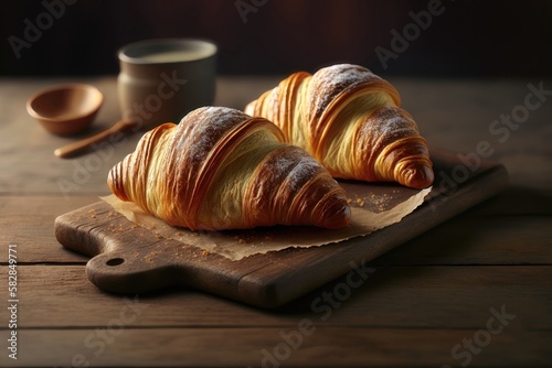 Fresh croissants on a wooden board. AI generation