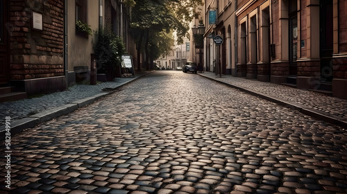 Charming and Nostalgic Cobblestone Street with Quaint Buildings and Vintage Lamp Posts, AI Generated