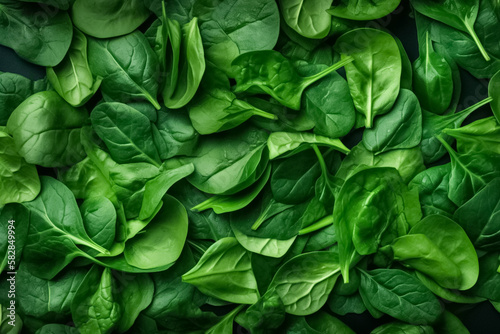 Top view on fresh organic spinach leaves. Versatile and nutritious vegetables, super green with antioxidants. Healthy green food and vegan background. generative ai