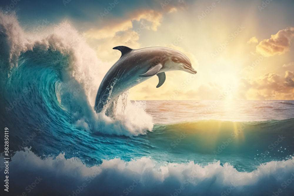Fototapeta premium Beautiful bottlenose Dolphin jumping over breaking waves. Sea with clear blue water on sunny day. generative ai