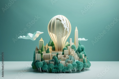 Paper cut of light bulb with green eco city , Renewable energy by 2050 Carbon neutral energy or greenhouse gas emission CO2 , Save energy creative idea concept