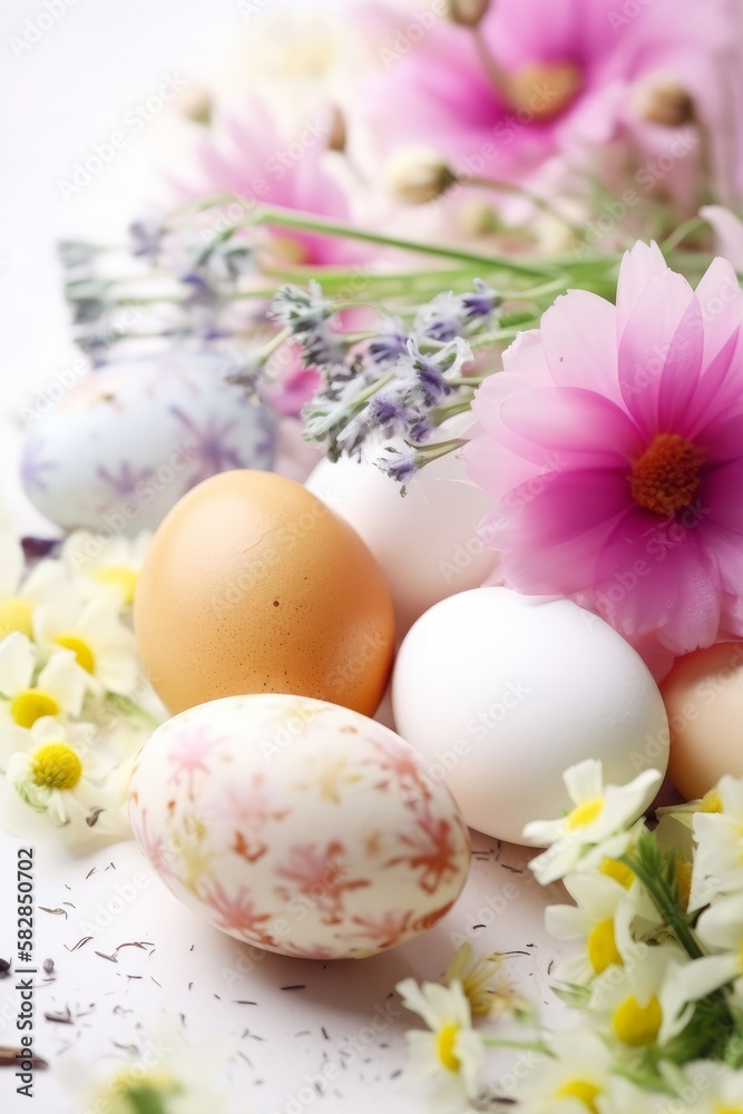 Happy Easter. Congratulatory easter background. Easter eggs, flowers, fenders and nest. Generative AI.
