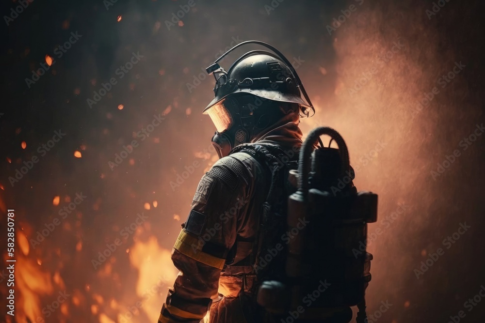  Firefighter searching for possible survives. Generative AI

