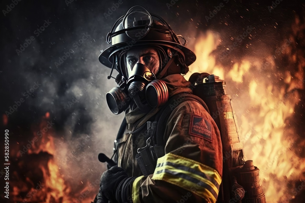 Firefighter searching for possible survives. Generative AI