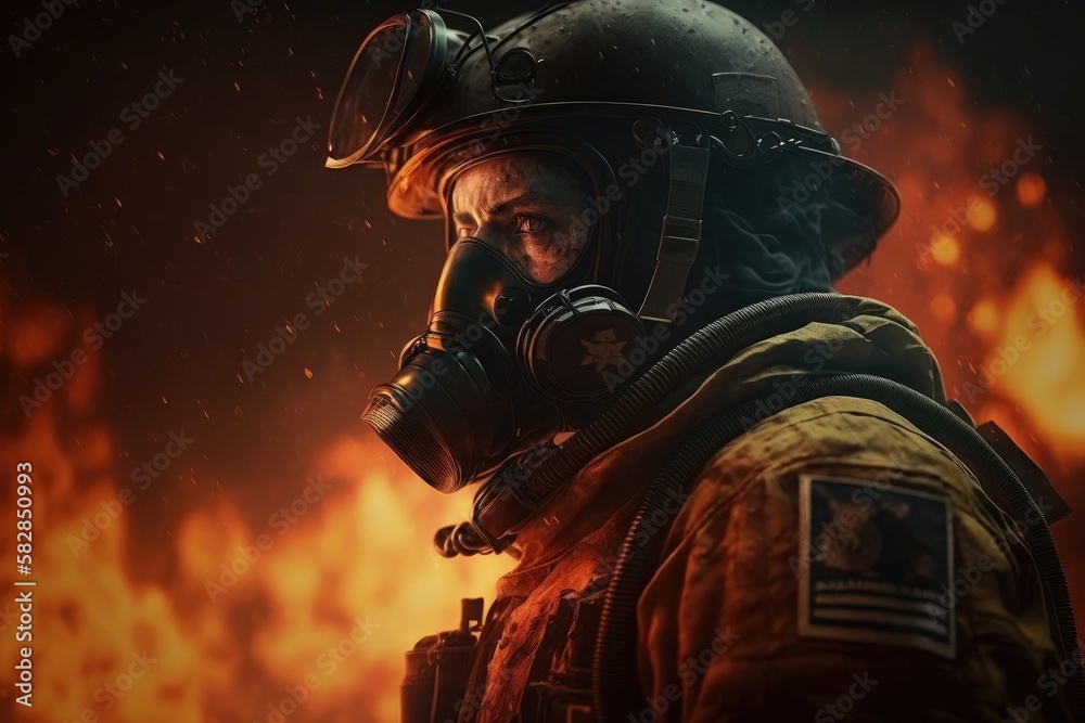 Naklejka premium Firefighter searching for possible survives. Generative AI