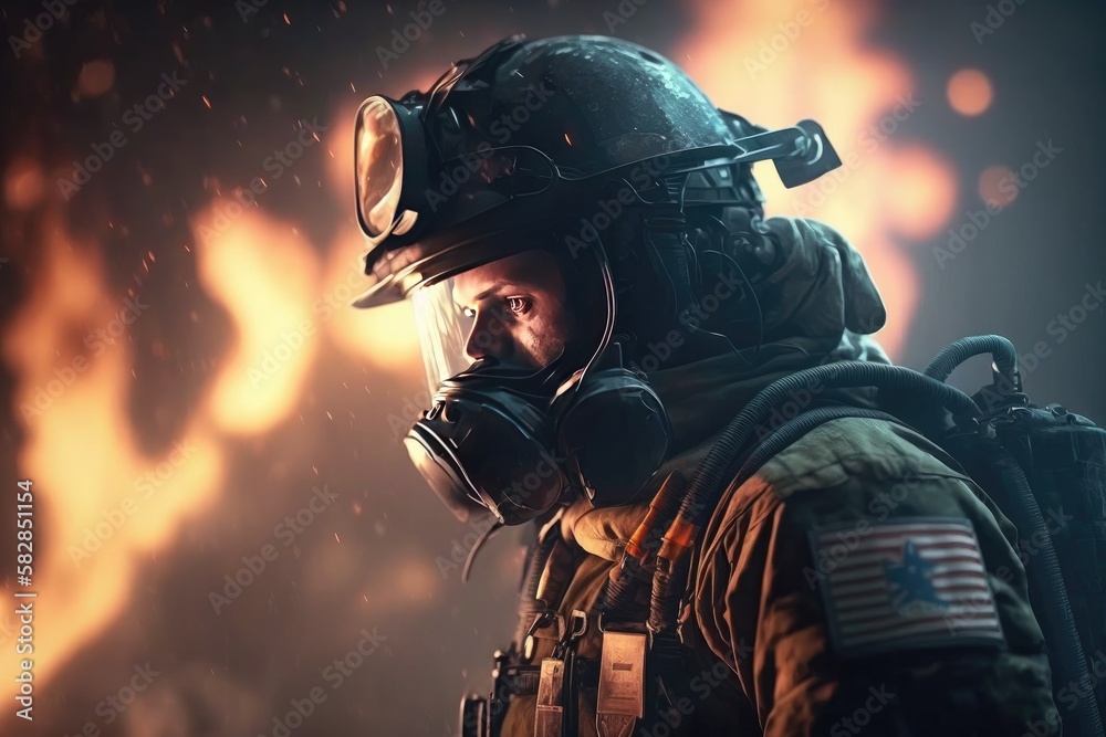 Firefighter searching for possible survives. Generative AI Firefighter searching for possible survives. Generative AI