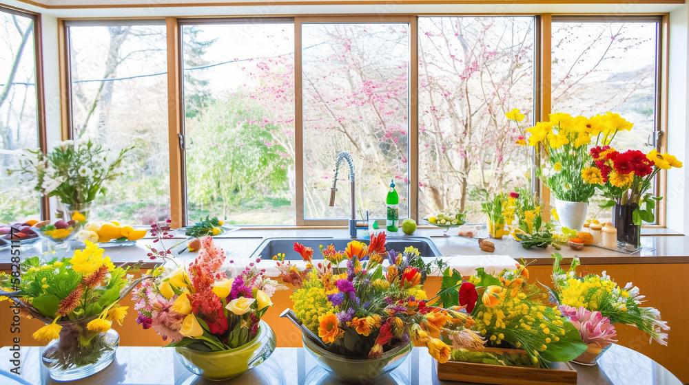 A rural, bright, and inviting kitchen interior, filled with the colors and scents of spring. Focusing on the abundance of fresh produce and bouquets of flowers. A rural, bright, and inviting kitchen interior, filled with the colors and scents of spring. Focusing on the abundance of fresh produce and bouquets of flowers.