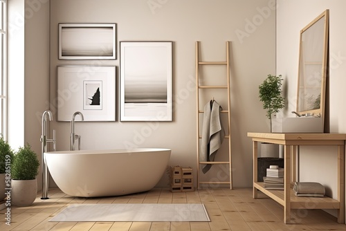 Interior bathroom with tub and parquet flooring. Ladder and rack with accessories for towel rails. towels on a table. mock up canvas on a beige background . Generative AI