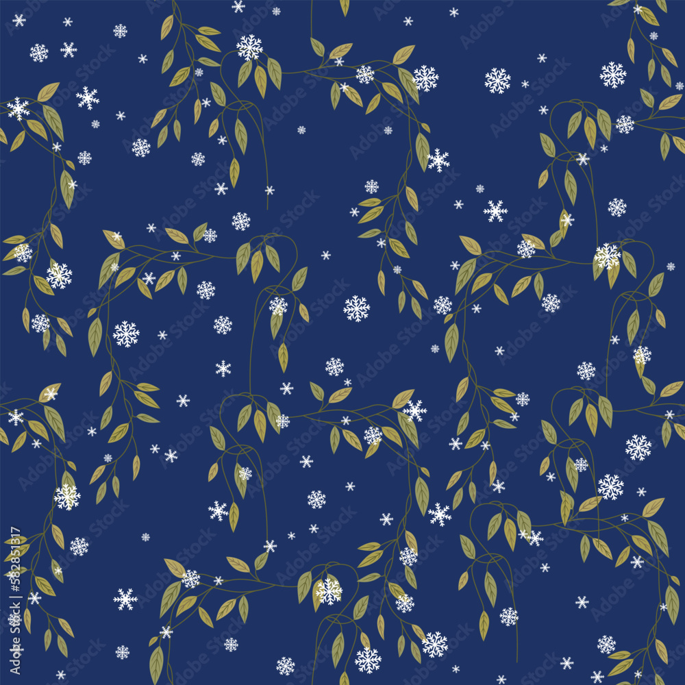 Seamless floral pattern with tree branches and snowflakes. Delicate vines with green leaves on blue background.