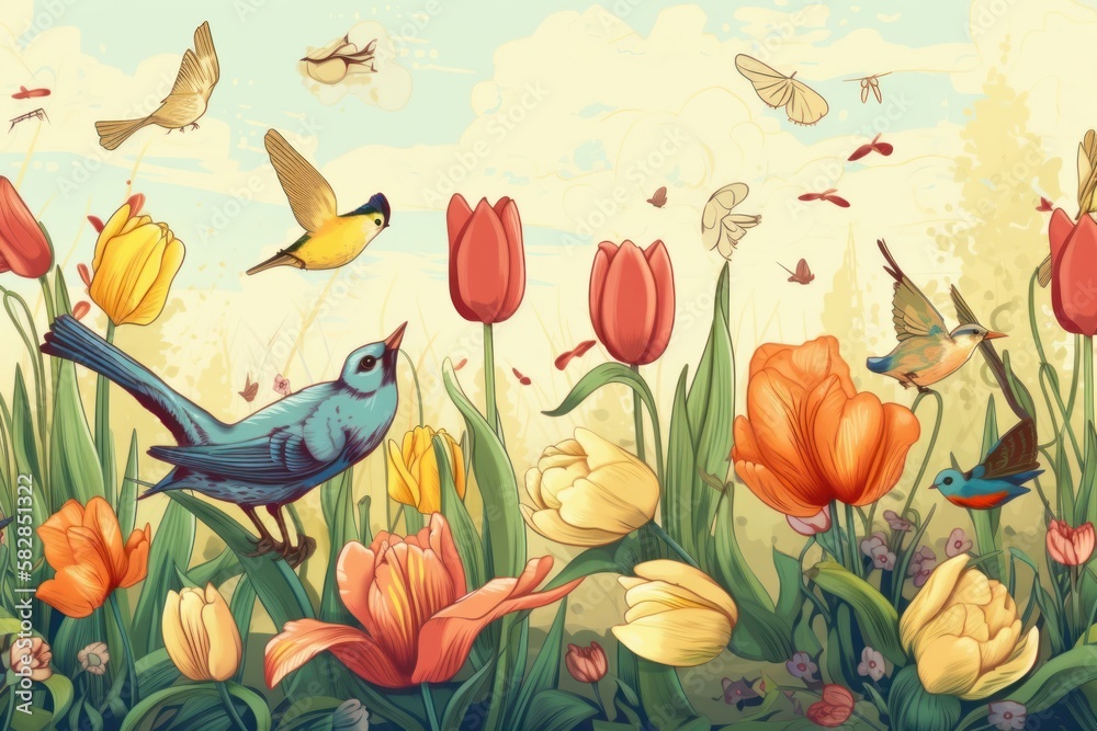 Happy Easter. Congratulations easter background. Spring flowers, bubs, and birds. Generative AI.