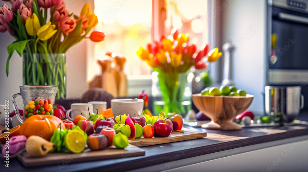 A lively bright and inviting kitchen interior, filled with the colors and scents of spring. Focusing on the abundance of fresh produce and bouquets of flowers. A lively bright and inviting kitchen interior, filled with the colors and scents of spring. Focusing on the abundance of fresh produce and bouquets of flowers.