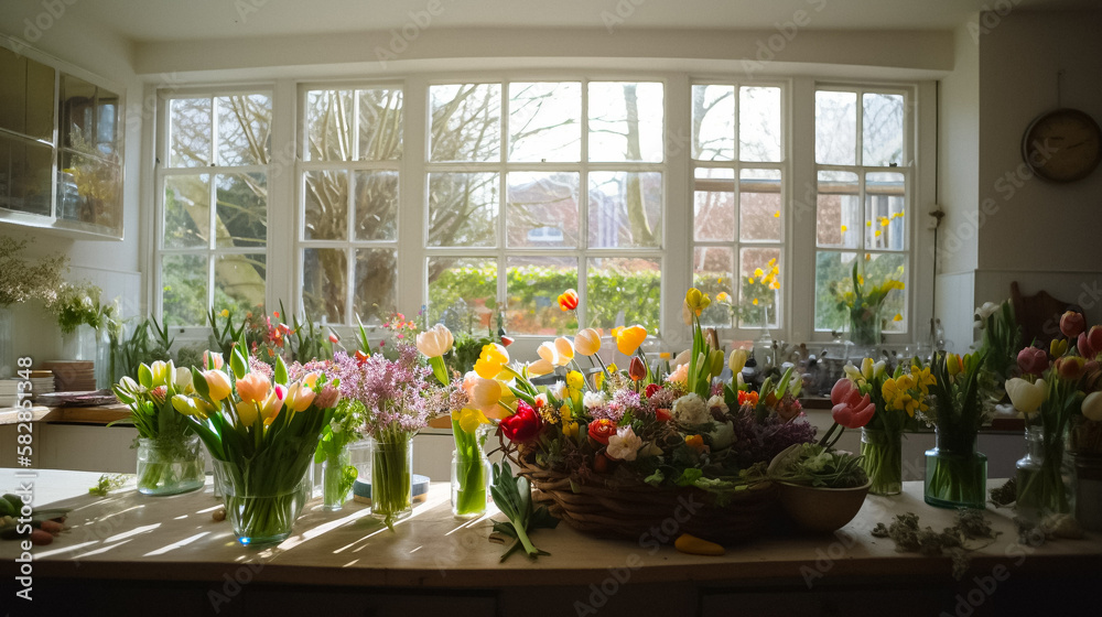 Fototapeta premium A residential, bright, and inviting kitchen interior, filled with the colors and scents of spring. Focusing on the abundance of fresh produce and bouquets of flowers.