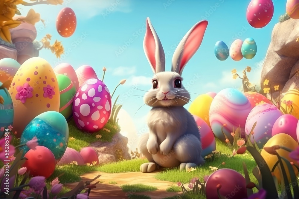 Happy Easter. Congratulatory easter background. Easter eggsand bunny. Generative AI.