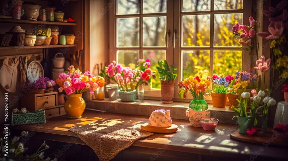 A warm bright and inviting kitchen interior, filled with the colors and scents of spring. Focusing on the abundance of fresh produce and bouquets of flowers.