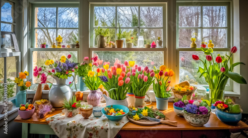 A beautiful  bright  and inviting kitchen interior  filled with the colors and scents of spring. Focusing on the abundance of fresh produce and bouquets of flowers.