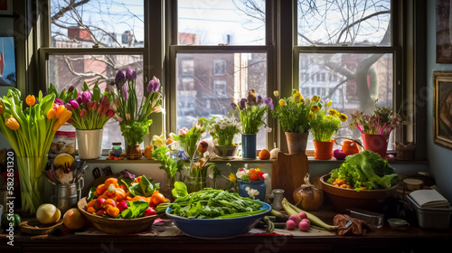 An urban, bright, and inviting kitchen interior, filled with the colors and scents of spring. Focusing on the abundance of fresh produce and bouquets of flowers. © ZDC