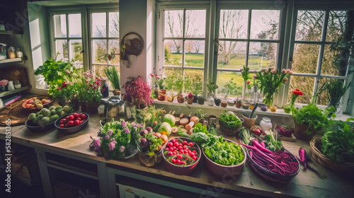 A rural, bright, and inviting kitchen interior, filled with the colors and scents of spring. Focusing on the abundance of fresh produce and bouquets of flowers.