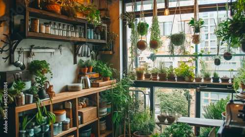 A plant-filled, bright, and inviting kitchen interior, filled with the colors and scents of spring. Focusing on the abundance of fresh produce and bouquets of flowers.
