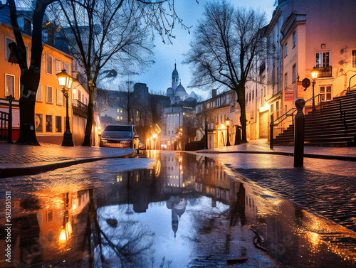 Paris on a rainy day at dawn, the Sacré-Cœur is reflected in a puddle - generative AI