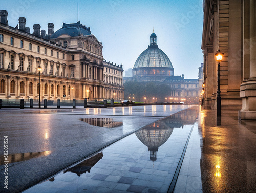 Paris on a rainy day at dawn, Le Louvre reflecting in a puddle, generative ai