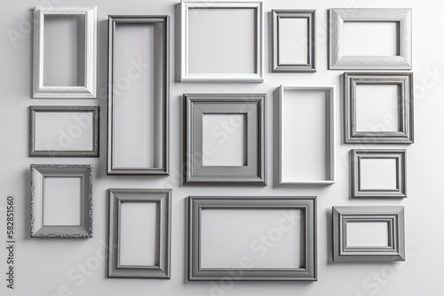 Isolated blank rectangle gray frames with a white background for portrait photo frames. For your design, image, painting, poster, writing, or photo gallery, an empty frame with a shadow overlay is pro