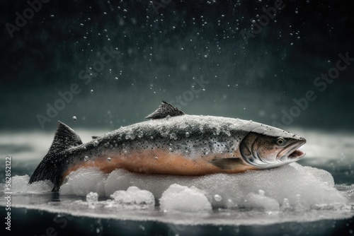 Frozen salmon on ice. AI generated