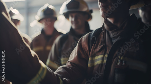 A Symbol of Bravery: Firefighters Joining Hands in a Group Handshake, GENERATIVE AI