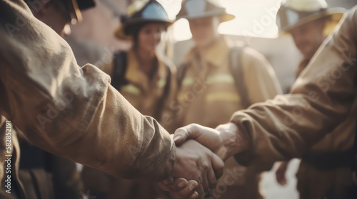A Symbol of Bravery: Firefighters Joining Hands in a Group Handshake, GENERATIVE AI