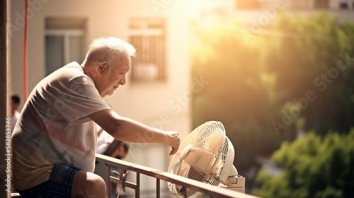 Heat wave during a summer, a old man finds respite at his home balcony with the help of an electric fan. A man beats the summer heat wave by finding relief with an fan global warming. Generative AI photo