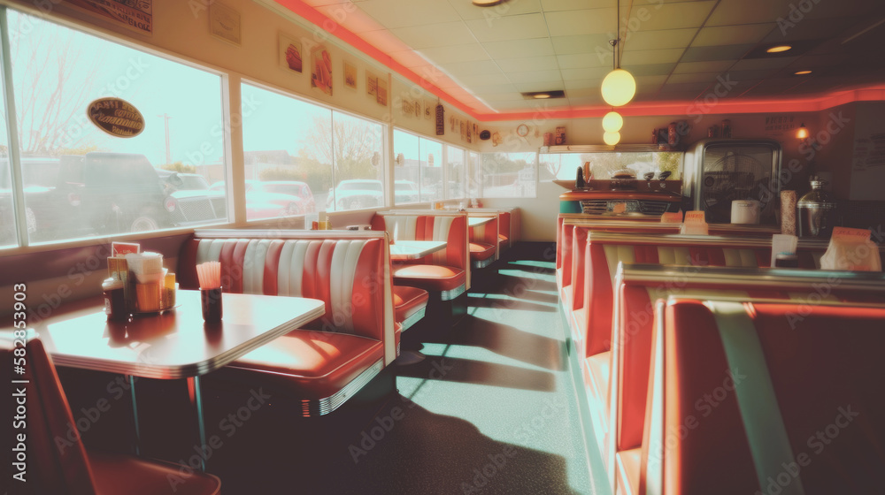 Abstract Retro American diner with a 1950s pin-up style, featuring nostalgic décor, checkerboard floors, chrome accents, and a classic jukebox. Generative AI Abstract Retro American diner with a 1950s pin-up style, featuring nostalgic décor, checkerboard floors, chrome accents, and a classic jukebox. Generative AI