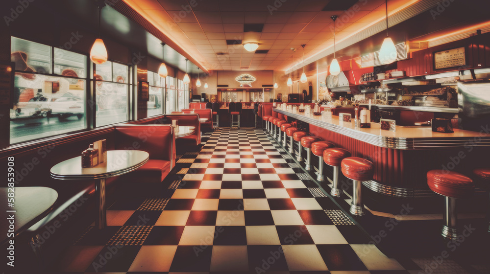 Abstract Retro American diner with a 1950s pin-up style, featuring nostalgic décor, checkerboard floors, chrome accents, and a classic jukebox. Generative AI