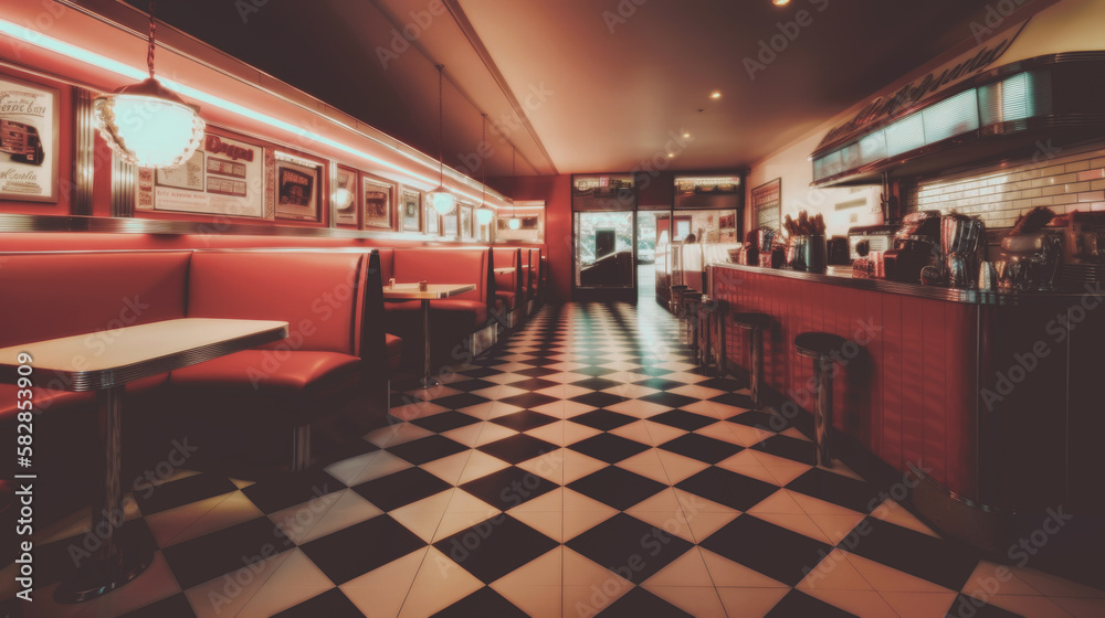 Abstract Retro American diner with a 1950s pin-up style, featuring nostalgic décor, checkerboard floors, chrome accents, and a classic jukebox. Generative AI