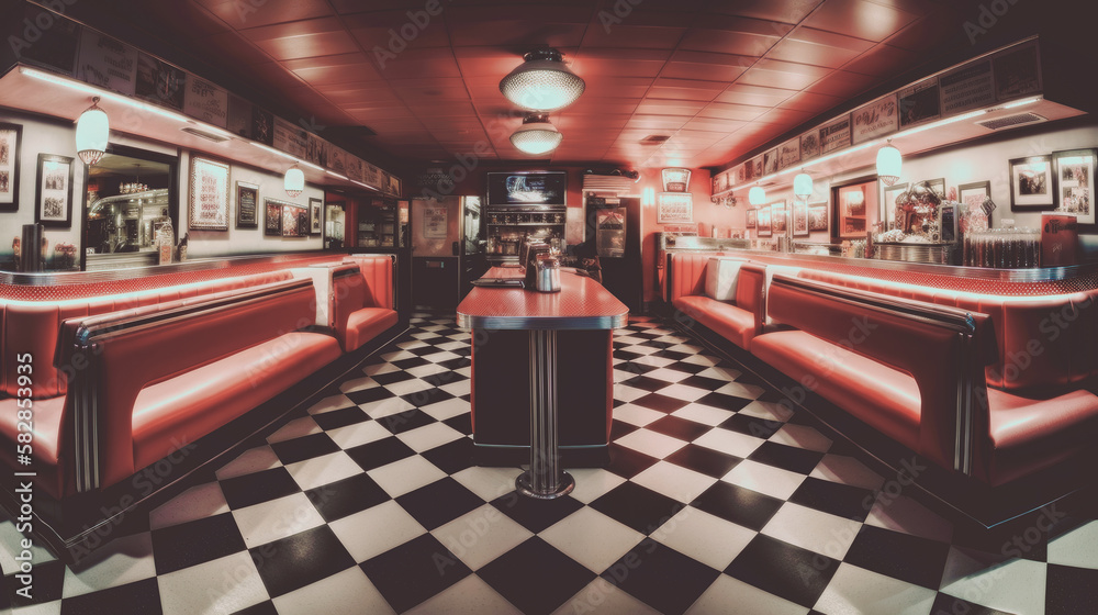 Abstract Retro American diner with a 1950s pin-up style, featuring nostalgic décor, checkerboard floors, chrome accents, and a classic jukebox. Generative AI Abstract Retro American diner with a 1950s pin-up style, featuring nostalgic décor, checkerboard floors, chrome accents, and a classic jukebox. Generative AI