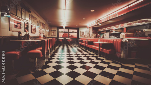 Abstract Retro American diner with a 1950s pin-up style, featuring nostalgic décor, checkerboard floors, chrome accents, and a classic jukebox. Generative AI © neo