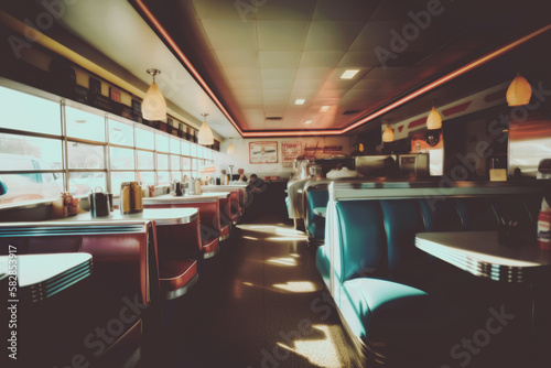 Abstract Retro American diner with a 1950s pin-up style  featuring nostalgic d  cor  checkerboard floors  chrome accents  and a classic jukebox. Generative AI