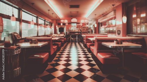 Abstract Retro American diner with a 1950s pin-up style, featuring nostalgic décor, checkerboard floors, chrome accents, and a classic jukebox. Generative AI photo