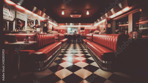 Abstract Retro American diner with a 1950s pin-up style, featuring nostalgic décor, checkerboard floors, chrome accents, and a classic jukebox. Generative AI