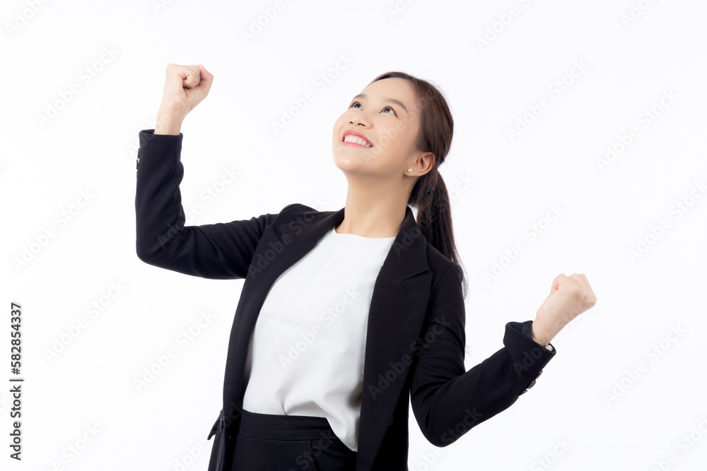Portrait beautiful businesswoman in suit standing with glad and success isolated on white background, young asian business woman is manager or executive smile with confident and excited for victory.