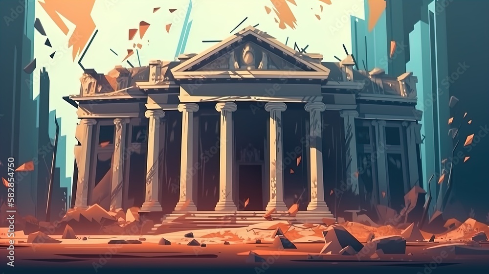 Banking Meltdown Dramatic Collapse of a Bank Building Concept to