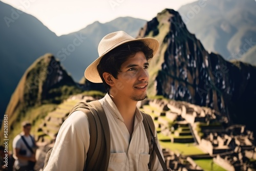 Peruvian tour guide working in Machu Picchu. Generative AI