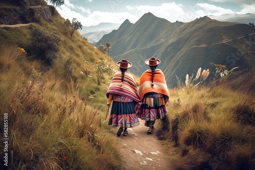 Back view of two Quichua ladies wearing their traditional costume while walking in the mountainside. Generative AI photo