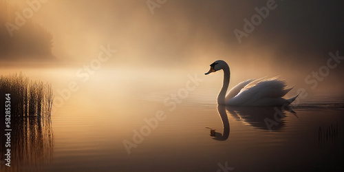 Foggy lake with a swan gliding through the water