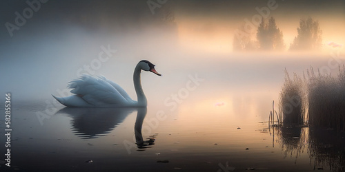 Foggy lake with a swan gliding through the water