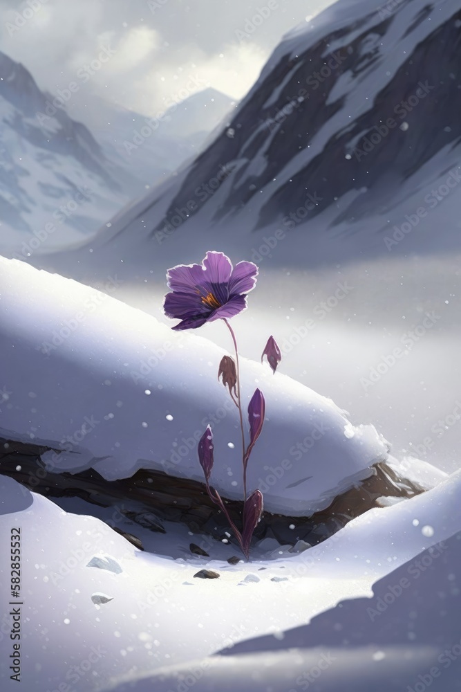 A beautiful purple flower blooms in the mountain snow. Generative AI. 