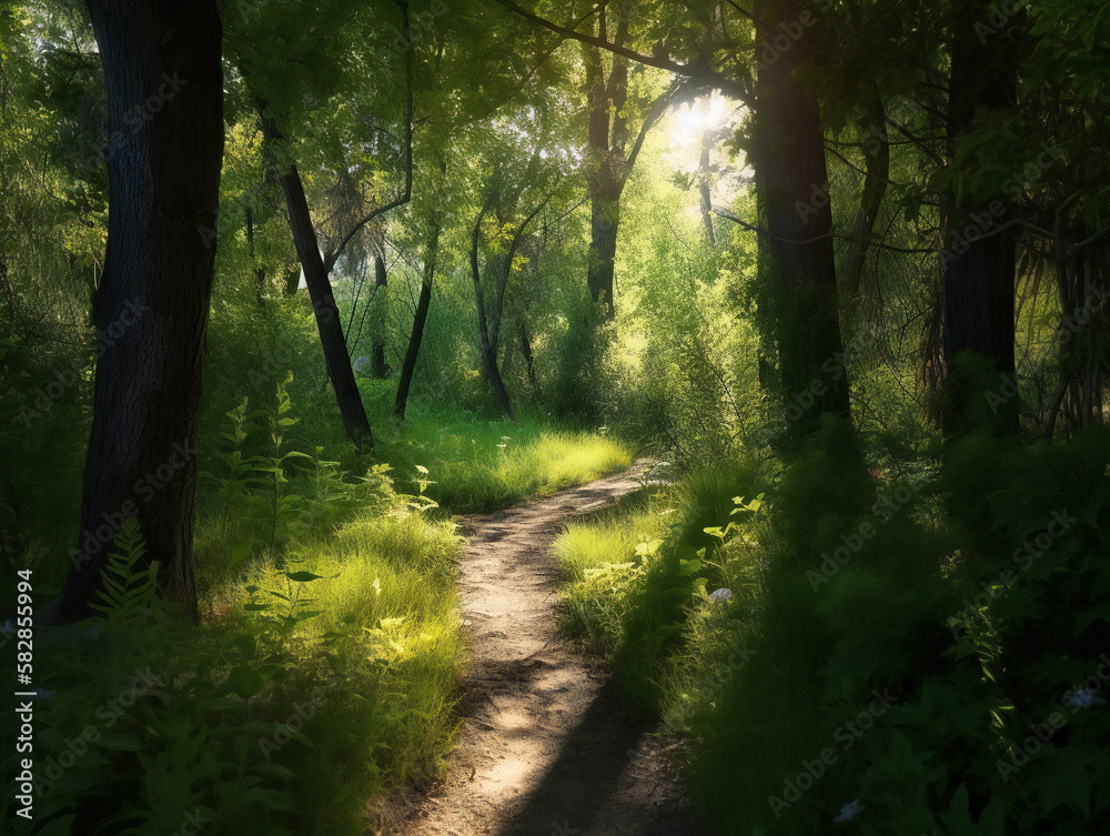 sunlit forest path, serene nature scene, tranquil woodland walk, sunlight streaming through trees, generative AI