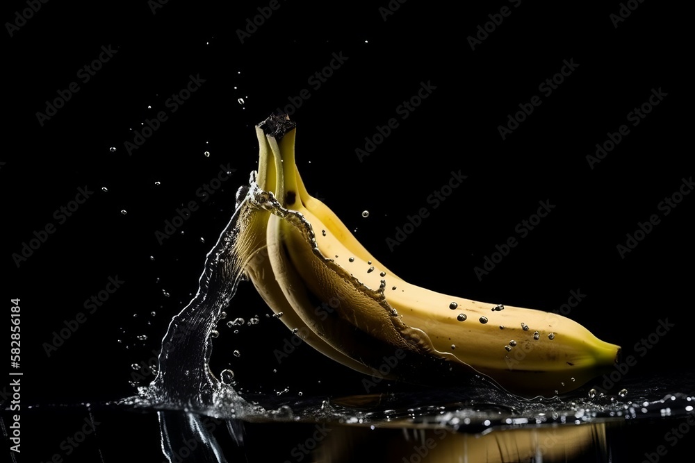 Banana on black background. Fruit with water drops. Generate Ai
